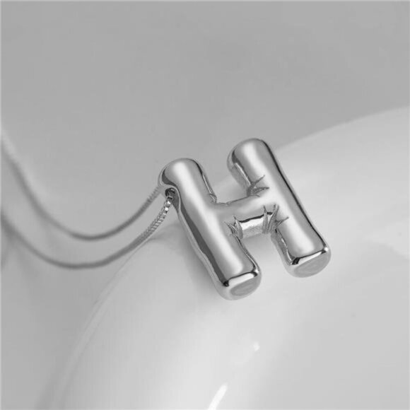 Silver Initial Pendant Necklace – Personalized Letter “H” Trendy Stuffed Bubble - Picture 2 of 5